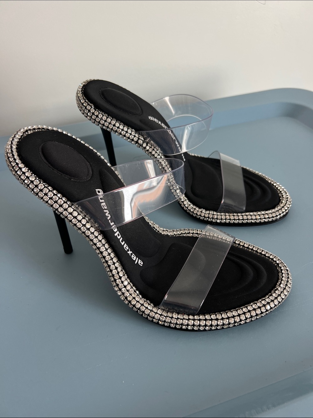 Alexander Wang nova crystal open toe slide sandal heels black PVC straps 36.5